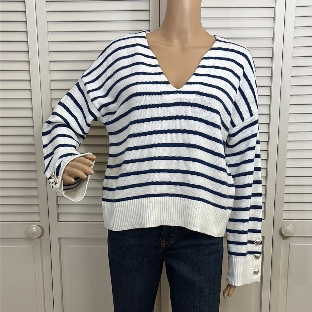 NWT Kerri Rosenthal Striped V - Neck Embroidered Sweater Medium